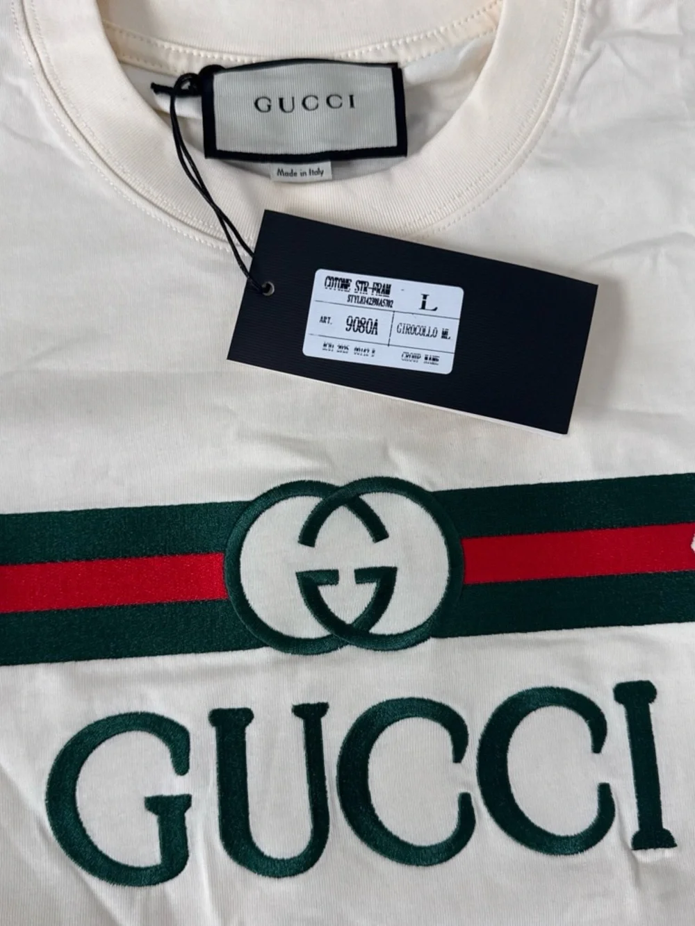Gucci Cream Short-Sleeve Logo Tee with Red & Green Stripe Size L fits size XL